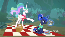 Size: 1366x768 | Tagged: safe, screencap, princess celestia, princess luna, alicorn, pony, between dark and dawn, angry, basket, blanket, bread, checkered blanket, cheese, discovery family logo, food, levitation, magic, picnic, sandwich, telekinesis, tomato, unhappy, upset