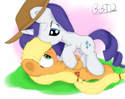 Size: 2409x1905 | Tagged: safe, artist:bronybehindthedoor, applejack, rarity, earth pony, pony, unicorn, accessory swap, blushing, female, lesbian, rarijack, shipping, signature