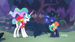 Size: 1366x768 | Tagged: safe, screencap, princess celestia, princess luna, alicorn, pony, between dark and dawn, alternate hairstyle, arrow, discovery family logo, forest, ponytail, saddle bag, sign, trail