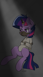 Size: 1080x1920 | Tagged: safe, artist:quarantinedchaoz, derpibooru import, twilight sparkle, bondage, gag, hannibal lecter, horn cap, horn ring, magic suppression, muzzle, muzzle gag, padlock, parody, silence of the lambs, solo, straitjacket