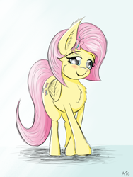 Size: 3000x4000 | Tagged: safe, artist:maneingreen, fluttershy, butterfly, pegasus, pony, blushing, cheek fluff, chest fluff, cute, ear fluff, fluffy, short mane, shy, shyabetes, smiling