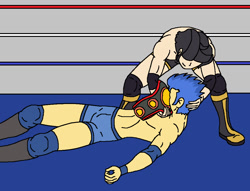 Size: 1060x808 | Tagged: safe, artist:avispaneitor, flash sentry, oc, oc:broken jake moon, human, equestria girls, championship belt, clothes, disrespectful, equestria girls wrestling series, fight, fighter, humanized, humiliation, topless, wrestler, wrestling