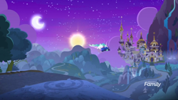 Size: 1366x768 | Tagged: safe, screencap, princess celestia, princess luna, alicorn, pony, between dark and dawn, canterlot castle, crescent moon, discovery family logo, flying, moon, night, road, stars, sun