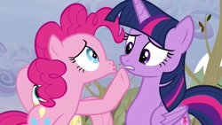 Size: 1677x943 | Tagged: safe, derpibooru import, screencap, pinkie pie, twilight sparkle, twilight sparkle (alicorn), alicorn, earth pony, pony, tanks for the memories, awkward moment, female, kissy face, mare, traumatized fluttershy