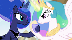 Size: 1280x720 | Tagged: safe, screencap, princess celestia, princess luna, alicorn, pony, between dark and dawn, female, holding hooves, hoof shoes, hoofshake, looking at each other, magic, royal sisters, siblings, sisters