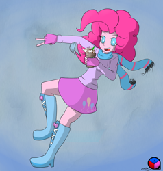 Size: 1280x1347 | Tagged: safe, artist:genericmlp, pinkie pie, equestria girls, autumn, boots, clothes, female, fingerless gloves, gloves, open mouth, scarf, shoes, skirt, solo