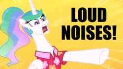 Size: 1366x768 | Tagged: safe, artist:supra80, edit, edited screencap, screencap, princess celestia, alicorn, pony, between dark and dawn, alternate hairstyle, anchorman, angry, clothes, discovery family logo, hawaiian shirt, loud noises, meme, pointing, ponytail, rage, shirt, simple background, solo, text, yelling, yellow background