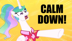 Size: 1366x768 | Tagged: safe, artist:supra80, edit, edited screencap, screencap, princess celestia, alicorn, pony, between dark and dawn, alternate hairstyle, angry, calm down, clothes, discovery family logo, hawaiian shirt, meme, pointing, ponytail, rage, shirt, simple background, solo, text, yelling, yellow background