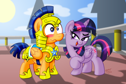 Size: 1024x683 | Tagged: safe, artist:aleximusprime, flash sentry, twilight sparkle, twilight sparkle (alicorn), alicorn, pony, armor, female, flashlight, flirting, male, mare, nervous, shipping, straight, sweatdrop