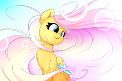 Size: 2400x1600 | Tagged: safe, artist:madacon, fluttershy, pegasus, pony, colored wings, colored wingtips, cute, female, long mane, mare, shyabetes, solo