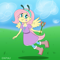 Size: 1000x1000 | Tagged: safe, artist:empyu, fluttershy, human, boots, clothes, crossover, cute, dress, flying, fusion, grass, humanized, pony coloring, shoes, smiling, solo, star vs the forces of evil, wand, winged humanization, wings