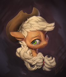 Size: 960x1120 | Tagged: safe, artist:assasinmonkey, applejack, earth pony, pony, bust, cowboy hat, crying, freckles, hat, portrait, signature, solo