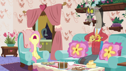 Size: 1280x720 | Tagged: safe, screencap, discord, fluttershy, pegasus, pony, discordant harmony, clothes, cup, fading, food, glasses, milk toast, pants, sandwich, sweater, tea set, teacup, teapot, transparent, yelling