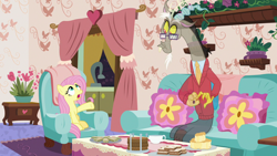 Size: 1280x720 | Tagged: safe, screencap, discord, fluttershy, pegasus, pony, discordant harmony, clothes, cup, fading, food, glasses, milk toast, pants, sandwich, sweater, tea set, teacup, teapot, transparent