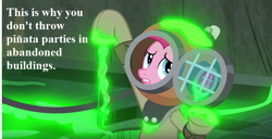 Size: 860x440 | Tagged: safe, edit, edited screencap, screencap, pinkie pie, earth pony, pony, season 7, shadow play, blindfold, cropped, disgusted, diving suit, drain, helmet, pyramid, slime, solo