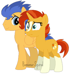 Size: 458x464 | Tagged: dead source, safe, artist:banana-spiral, flash sentry, sunburst, sunstone (g4 r63 sunburst), pegasus, pony, unicorn, female, flashburst, half r63 shipping, implied transgender transformation, male, male to female, mare, missing accessory, nervous, rule 63, shipping, stallion, straight