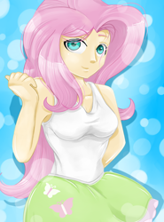 Size: 400x541 | Tagged: safe, artist:mlpdarksparx, fluttershy, equestria girls, boob socks, breasts, clothes, cute, female, looking at you, shyabetes, skirt, smiling, solo, tanktop