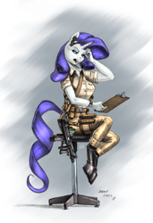 Size: 1368x2000 | Tagged: safe, alternate version, artist:baron engel, artist:catd-nsfw, color edit, edit, rarity, anthro, unicorn, belt, boots, clipboard, clothes, colored, gun, headset, office chair, open mouth, pants, pp-2000, rig, shoes, solo, submachinegun, uniform, weapon