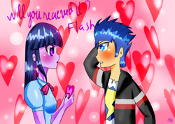 Size: 1024x724 | Tagged: safe, artist:bearbigbutt7103, flash sentry, twilight sparkle, equestria girls, blushing, female, flashlight, humanized, male, shipping, shoujo bubbles, straight, valentine, valentine's day