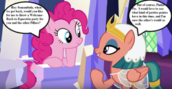 Size: 854x441 | Tagged: safe, edit, edited screencap, screencap, pinkie pie, somnambula, earth pony, pony, season 7, shadow play, cropped, dialogue, eyeliner, eyeshadow, friendship throne, makeup, map room, misspelling, party planning, pinkambula, speech bubble, throne, twilight's castle