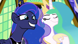 Size: 1920x1080 | Tagged: safe, screencap, princess celestia, princess luna, alicorn, pony, between dark and dawn, duo, ethereal mane, eyes closed, faic, female, hoof on chest, jewelry, mare, regalia, royal sisters, siblings, sisters, smiling, starry mane