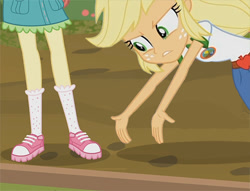 Size: 600x458 | Tagged: safe, edit, edited screencap, editor:paragonaj, screencap, applejack, fluttershy, equestria girls, legend of everfree, clothes, dissapointed jewish grandparent applejack, meme, shoes, sneakers, what are thoooose