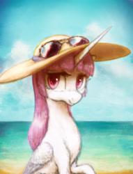 Size: 2767x3616 | Tagged: safe, artist:plotcore, princess celestia, alicorn, pony, alternate hairstyle, bangs, beach, cute, cutelestia, female, hat, looking at you, mare, pink mane, sitting, smiling, solo, sun hat