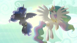 Size: 1920x1080 | Tagged: safe, screencap, princess celestia, princess luna, alicorn, pony, between dark and dawn, flying, sun