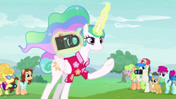 Size: 1920x1080 | Tagged: safe, screencap, citrus bit, fortune favors, lemon chiffon, princess celestia, alicorn, earth pony, pony, unicorn, between dark and dawn, alternate hairstyle, background pony, backpack, barehoof, baseball cap, camera, cap, clothes, colt, crowd, ethereal mane, fanny pack, female, floral pattern, flowing mane, fruit pack, glasses, glowing horn, hat, hawaiian shirt, heart shaped glasses, horn, leaning, levitation, lotta little things, magic, magic aura, male, mare, nicole dubuc, raised hoof, ruby splash, shirt, smiling, stallion, sunglasses, tail bun, telekinesis, underhoof, unnamed pony, vacation