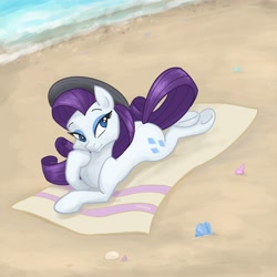 Size: 2048x2048 | Tagged: safe, artist:pfeffaroo, rarity, pony, unicorn, beach, beach towel, female, hat, mare, prone, seashell, solo