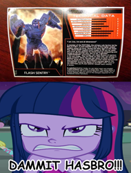 Size: 547x720 | Tagged: safe, edit, screencap, flash sentry, twilight sparkle, equestria girls, angry, botcon, crossover, dammit hasbro, reaction image, swearing, transformers, vulgar, wrong aspect ratio