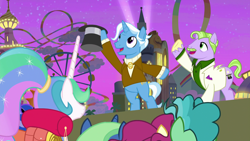 Size: 1920x1080 | Tagged: safe, screencap, fast break, jack pot, lock heart, princess celestia, princess luna, alicorn, earth pony, pony, unicorn, between dark and dawn, big bucks, bipedal, clothes, female, hat, hoof hold, jacket, las pegasus, las pegasus resident, male, mare, ponytail, raised hoof, rearing, shirt, stallion, suit, sweater, top hat