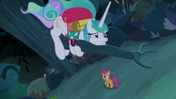 Size: 1280x720 | Tagged: safe, edit, edited screencap, screencap, princess celestia, scootaloo, alicorn, pegasus, pony, between dark and dawn, stare master, adorable distress, alektorophobia, cute, female, looking down, mare, scootachicken, sitting in a tree, that princess sure is afraid of chickens, tree, tree branch