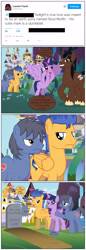 Size: 2000x5828 | Tagged: safe, artist:mlp-silver-quill, flash sentry, twilight sparkle, twilight sparkle (alicorn), oc, oc:clutterstep, oc:stud muffin, alicorn, earth pony, pegasus, pony, blushing, canterlot, comic, crying, death, female, gravestone, heart eyes, implied murder, lauren faust, mare, meta, shipping, shipping denied, twitter, waifu thief, wingding eyes, word of faust