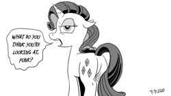 Size: 1200x675 | Tagged: safe, artist:pony-berserker, rarity, pony, unicorn, pony-berserker's twitter sketches, angry, breaking the fourth wall, butt, looking at you, monochrome, plot, rearity, sketch, stippling