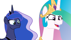 Size: 6000x3375 | Tagged: safe, artist:sketchmcreations, princess celestia, princess luna, alicorn, pony, between dark and dawn, determined, female, open mouth, simple background, smiling, smirk, transparent background, vector