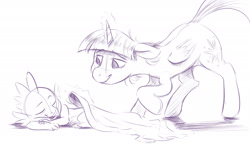 Size: 2600x1500 | Tagged: safe, artist:verulence, derpibooru import, spike, twilight sparkle, twilight sparkle (alicorn), alicorn, dragon, pony, blanket, eyes closed, female, levitation, magic, mama twilight, mare, monochrome, sketch, sleeping, smiling, telekinesis