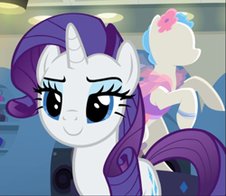 Size: 875x758 | Tagged: safe, screencap, rarity, pony, unicorn, fake it 'til you make it, cropped, lidded eyes, smiling, smirk, solo