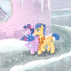 Size: 1200x1200 | Tagged: safe, artist:0biter, flash sentry, twilight sparkle, twilight sparkle (alicorn), alicorn, pony, breath, canterlot, clothes, cold, female, flashlight, male, mare, scarf, shipping, snow, snowfall, store, straight, window, winter