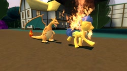 Size: 1360x768 | Tagged: safe, artist:mk513, flash sentry, 3d, abuse, burning, charizard, fire, flashabuse, gmod, on fire, pokémon