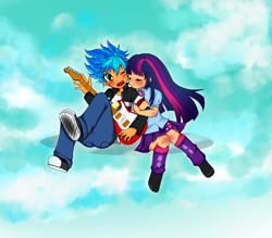 Size: 1024x898 | Tagged: safe, artist:xxekosoundsxx, flash sentry, twilight sparkle, equestria girls, blushing, cute, diasentres, female, flashlight, guitar, hug, humanized, male, shipping, straight, surprise hug