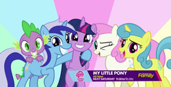 Size: 1279x650 | Tagged: safe, derpibooru import, screencap, lemon hearts, minuette, spike, twilight sparkle, twilight sparkle (alicorn), twinkleshine, alicorn, dragon, pony, unicorn, amending fences, butt touch, dragons riding ponies, female, hand on butt, hug, implied moondancer, male, mare, riding