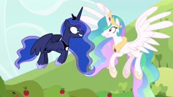 Size: 1920x1080 | Tagged: safe, screencap, princess celestia, princess luna, alicorn, pony, between dark and dawn, flying, grin, happy, looking at each other, smiling