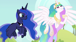 Size: 1920x1080 | Tagged: safe, screencap, princess celestia, princess luna, alicorn, pony, between dark and dawn, cute, duo, ethereal mane, female, mare, royal sisters, siblings, sisters, spread wings, wings