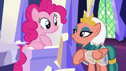 Size: 1920x1080 | Tagged: safe, screencap, pinkie pie, somnambula, earth pony, pegasus, pony, shadow play, eye contact, female, friendship throne, looking at each other, mare, pinkambula, smiling, throne, twilight's castle