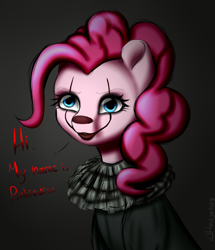 Size: 1913x2225 | Tagged: safe, artist:deltahedgehog, pinkie pie, earth pony, pony, bust, clown, creepy, female, it, looking at you, mare, pennywise, pinkiewise, portrait, smiling