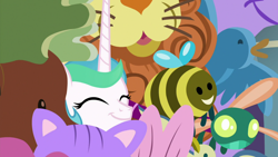 Size: 1280x720 | Tagged: safe, screencap, princess celestia, alicorn, pony, between dark and dawn, cute, cutelestia, eyes closed, female, manehattan, mare, plushie, toy