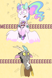 Size: 2000x3000 | Tagged: safe, artist:glitterstar2000, discord, princess celestia, oc, oc:nayade, alicorn, hybrid, pony, alternate hairstyle, baby, confused, descriptive noise, dislestia, draconequus hybrid, ear fluff, family, female, interspecies offspring, male, neck fluff, offspring, parent:discord, parent:princess celestia, parents:dislestia, ponytail, question mark, screaming, shipping, simple background, straight, yellow background