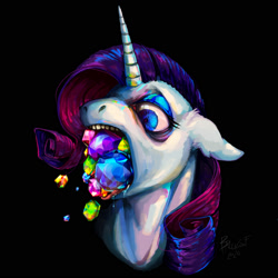 Size: 2000x2000 | Tagged: safe, artist:baccizoof, rarity, pony, unicorn, bags under eyes, black background, bust, eating, female, gem, gentlecolts, gentlemen, mare, simple background, solo