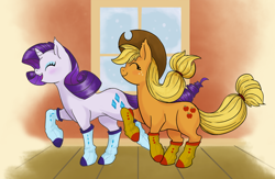 Size: 1200x781 | Tagged: safe, artist:rarijack-countrycouture, applejack, rarity, earth pony, pony, unicorn, clothes, eyes closed, female, lesbian, rarijack, shipping, snow, socks, window, winter